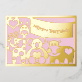 Carte De Vœux En Aluminium Joyeux Anniversaire Bébé Animaux Fille En Or Foil (Recto)