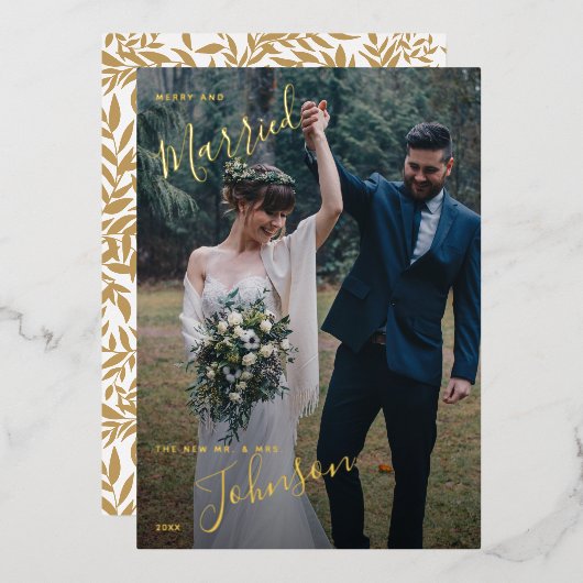 Carte De Vœux En Aluminium Joyeux et marié Script Mariage photo Foil Holiday (Recto/Verso)