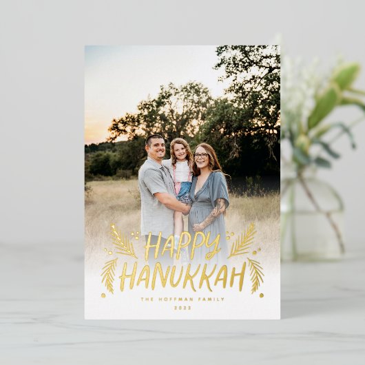 Carte De Vœux En Aluminium Joyeux Hanoukka Main dessinée Feuille neige photo (Debout devant)