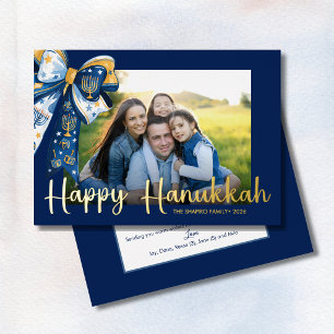 Carte De Vœux En Aluminium Joyeux Hanukkah Photo de famille à nœud bleu
