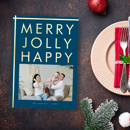 Carte De Vœux En Aluminium Joyeux Jolly Happy Blue Family Photo Christmas Gol