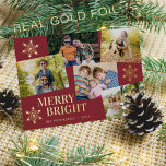 Carte De Vœux En Aluminium Joyeux moderne et Bright photo Noel or rouge<br><div class="desc">Simple style tendance luxe 5 photos personnalisées, typographie chic, et vrais flocons de neige en feuille d'or Merry & Bright rouge carte modèle. Facile à personnaliser avec vos photos et votre nom de famille. Veuillez noter que vous pouvez choisir la couleur de la FOIL : OR, OR ROSE, ou ARGENT....</div>