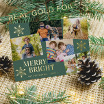 Carte De Vœux En Aluminium Joyeux moderne et Bright photo Noël vert<br><div class="desc">Simple style tendance luxe 5 photos personnalisées, typographie chic, et vrais flocons de neige en feuille d'or Merry & Bright green card modèle. Facile à personnaliser avec vos photos et votre nom de famille. Veuillez noter que vous pouvez choisir la couleur de la FOIL : OR, OR ROSE, ou ARGENT....</div>