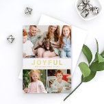 Carte De Vœux En Aluminium Joyeux Moderne Photo Collage Or<br><div class="desc">Ce design moderne et minimaliste de cartes de collage photo de Noël est doté d'une formulation "JOYFUL" en lettres sans serif simples et audacieuses, imprimées dans de véritables feuilles d'or. Personnalisez avec vos trois photos préférées (plus photo bonus au dos), votre nom de famille et l'année. Le libellé de bonus...</div>