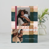 Carte De Vœux En Aluminium Joyeux moderne vert & rose Plaid Plaid Deux Photo (Debout devant)