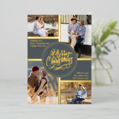 Carte De Vœux En Aluminium Joyeux Noël 4 Photo Collage Gris et Or (Debout devant)