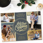 Carte De Vœux En Aluminium Joyeux Noël 4 Photo Collage Gris et Or<br><div class="desc">Personnalisez cette carte de Noël en feuille d'or de luxe avec quatre de vos photos préférées. Le modèle est configuré pour vous permettre d'ajouter vos quatre photos et, il a aussi deux sections pour vos salutations et vos noms. Le centre de la carte a le libellé "Joyeux Noël" dans une...</div>