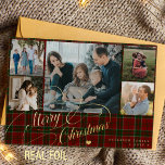 Carte De Vœux En Aluminium Joyeux Noël 5 photos élégant script rouge plaid<br><div class="desc">Elégant style Joyeux Noël vrai feuille d'or classique script de calligraphie cinq photos de famille rouge vert plaid écossais rustique carte de vacances de luxe avec votre texte personnalisé sur les deux côtés. La couleur du papier est changeable : vous pouvez choisir de l'or, de l'argent ou de l'or rose....</div>