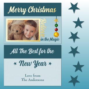 Carte De Vœux En Aluminium Joyeux Noël ajoutez une photo boules étoiles bleue