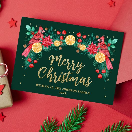 Carte De Vœux En Aluminium Joyeux Noël Aquarelle Cardinal Oiseaux Vert