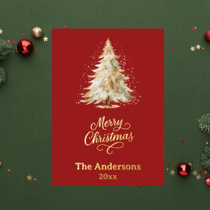 Carte De Vœux En Aluminium Joyeux Noël arbre rouge or photo année en examen