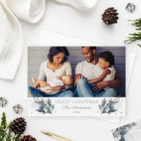 Joyeux Noël Argent Bleu Vert Hiver Floral