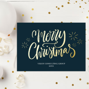 Carte De Vœux En Aluminium Joyeux Noël Bleu Or Calligraphie Entreprise