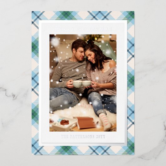 Carte De Vœux En Aluminium Joyeux Noël bleu vert Plaid Tartan Photo (Recto)