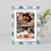 Carte De Vœux En Aluminium Joyeux Noël bleu vert Plaid Tartan Photo (Debout devant)