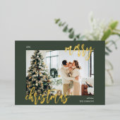 Carte De Vœux En Aluminium Joyeux Noël Brush Script photo vert (Debout devant)