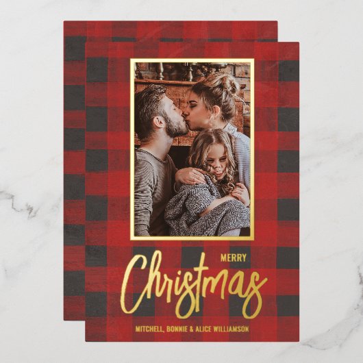 Carte De Vœux En Aluminium Joyeux Noël Buffalo Check Photo (Recto/Verso)