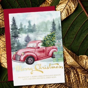 Carte De Vœux En Aluminium Joyeux Noël camion rouge vintage dans la forêt dor