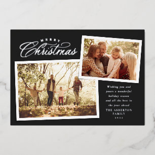 Carte De Vœux En Aluminium Joyeux Noël élégant deux photos chic noir