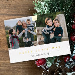 Carte De Vœux En Aluminium Joyeux Noël élégant Minimal 2 Photo Véritable Or<br><div class="desc">Cette élégante carte de Noël 2 photos présente un design épuré avec deux photos carrés. Un texte simple,  "MERRY CHRISTMAS" apparaît dans une véritable feuille d'or sous les photos. Le texte personnalisé vous permet d'ajouter vos noms de famille. Photographie © Storytree Studios,  Stanford,  CA</div>