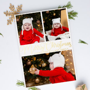 Carte De Vœux En Aluminium Joyeux Noël Élégant Script 3 Famille Photo Gold