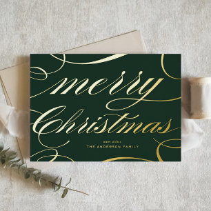 Carte De Vœux En Aluminium Joyeux Noël en écriture élégante verte avec fiorit