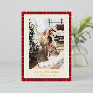 Carte De Vœux En Aluminium Joyeux Noël en Or Rouge Vert Carreaux Famille Phot