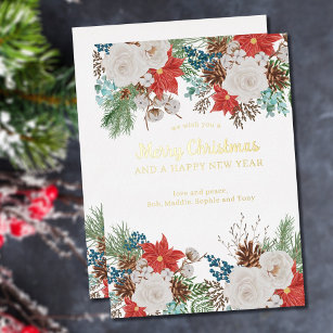 Carte De Vœux En Aluminium Joyeux Noël et Nouvel An Poinsettia Pine Gold