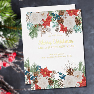 Carte De Vœux En Aluminium Joyeux Noël et Nouvelle Année Poinsettia Pin Doré