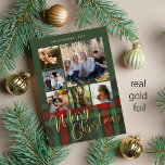 Carte De Vœux En Aluminium Joyeux Noël famille 6 photos rouge vert or<br><div class="desc">Elégant élégant écossais plaid véritable feuille d'or Joyeux script de Noël six photos de famille classique carte de vacances vert forêt rouge classique avec votre texte personnalisé sur les deux côtés.</div>