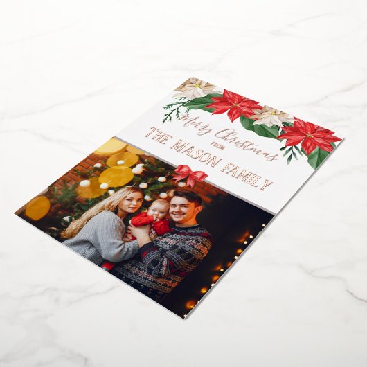Carte De Vœux En Aluminium Joyeux Noël Famille Photo Florale Moderne (Rotation)