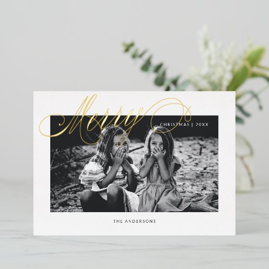 Carte De Vœux En Aluminium Joyeux Noël Fancy Script Moderne (Debout devant)