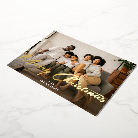 Carte De Vœux En Aluminium Joyeux Noël Gold Brush Script Photo Real (Rotation)