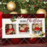 Carte De Vœux En Aluminium Joyeux Noël Gold Feuilles 3 photos Red Tartan<br><div class="desc">Belle et festive conception de vacances avec de véritables feuilles de feuille d'or,  sainte et personnalisée "Joyeux Noël" graphique texte sur bannière blanche avec bordure d'or,  3-modèle photo avec riche arrière - plan tartan rouge,  noir et or. Inclut un champ de texte modifiable.</div>