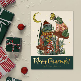 Carte De Vœux En Aluminium Joyeux Noël Grenouille et Crapaud Champignon Vert