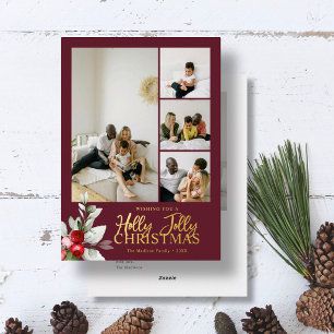 Carte De Vœux En Aluminium Joyeux Noël Holly Jolly 5 Photo Baie Rouge Foncé