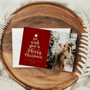 Carte De Vœux En Aluminium Joyeux Noël minimal écriture or rouge véritable fe