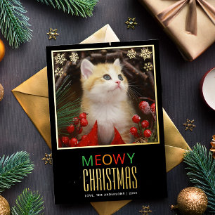Carte De Vœux En Aluminium Joyeux Noël Minou Photo de chat mignon & Flocons d