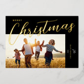 Carte De Vœux En Aluminium Joyeux Noël moderne Black Gold Script photo (Recto)