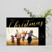 Carte De Vœux En Aluminium Joyeux Noël moderne Black Gold Script photo (Debout devant)