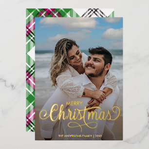 Carte De Vœux En Aluminium Joyeux Noël moderne Famille Nom Photo Tartan Fo
