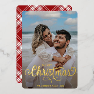 Carte De Vœux En Aluminium Joyeux Noël moderne Famille Nom Photo Tartan Fo