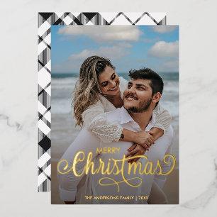 Carte De Vœux En Aluminium Joyeux Noël moderne Famille Nom Photo Tartan Fo