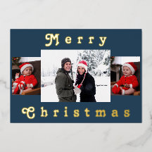 Joyeux Noël moderne Famille Photo Bleu & Or