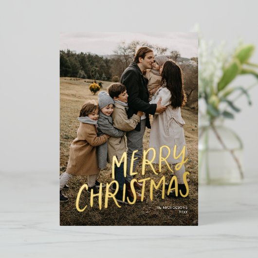 Carte De Vœux En Aluminium Joyeux Noël moderne Lettres simple une photo (Debout devant)