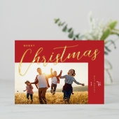 Carte De Vœux En Aluminium Joyeux Noël moderne Rouge Gold Script Photo (Debout devant)