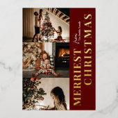 Carte De Vœux En Aluminium Joyeux Noël moderne Rouge or Script Photo (Recto)