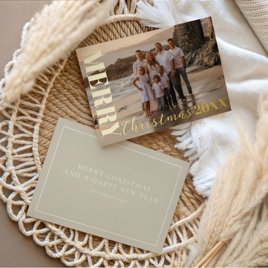 Carte De Vœux En Aluminium Joyeux Noël moderne Script Beige 1 Photo Or