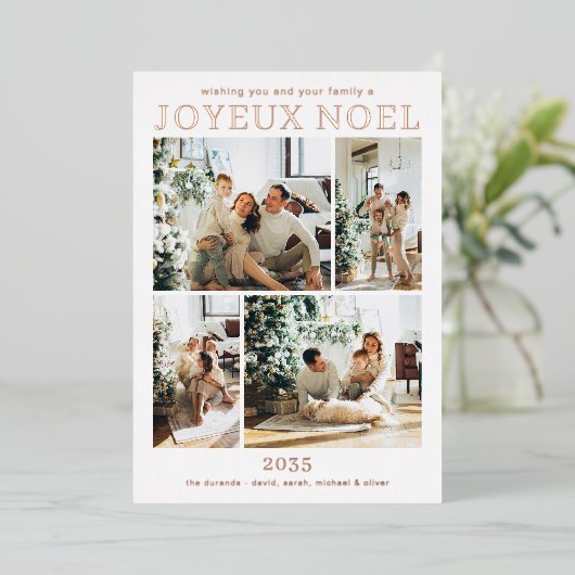Carte De Vœux En Aluminium Joyeux Noel Multi Photo Rose Gold (Debout devant)