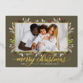 Carte De Vœux En Aluminium Joyeux Noël Olive Green Gold Élégant Script (Recto)